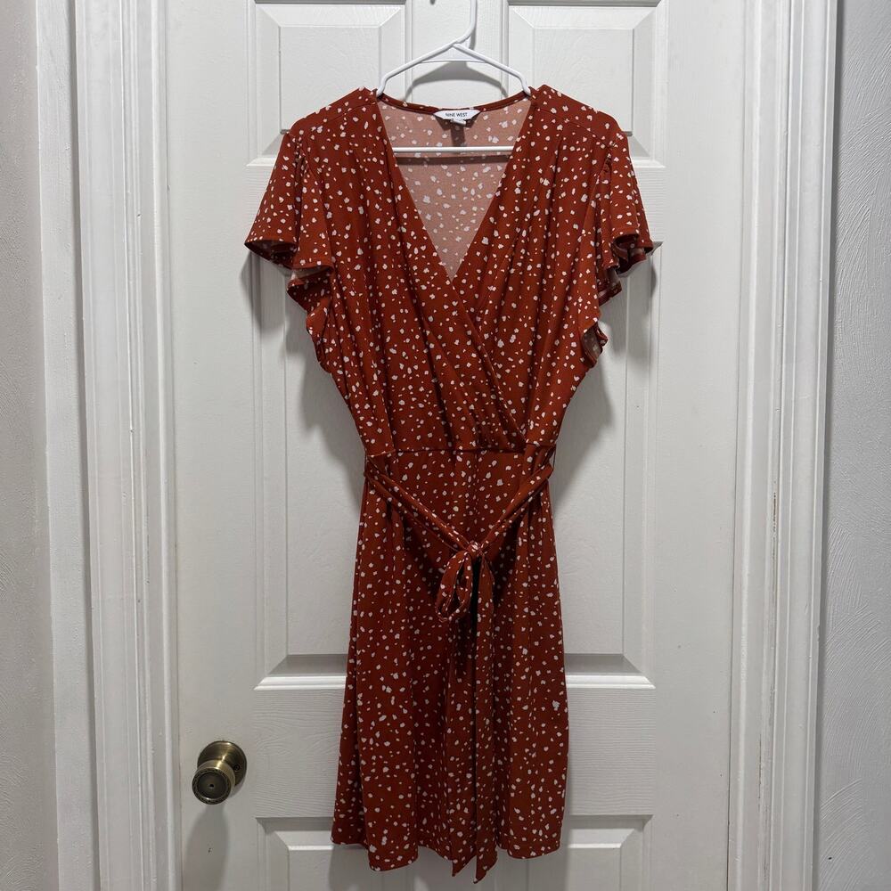 Nine West Womens XXL Rust Orange Wrap Midi Dress Flutter Sleeve Tie Waist Boho